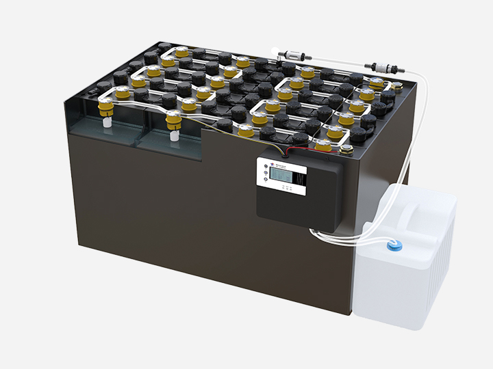 Electric forklift battery watering system